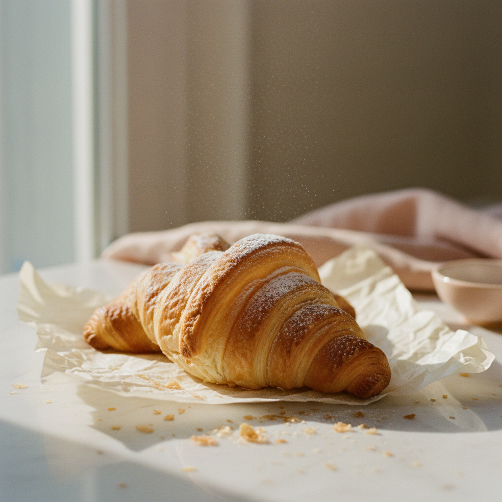 Hand-laminated croissants on parchment, warm from the oven