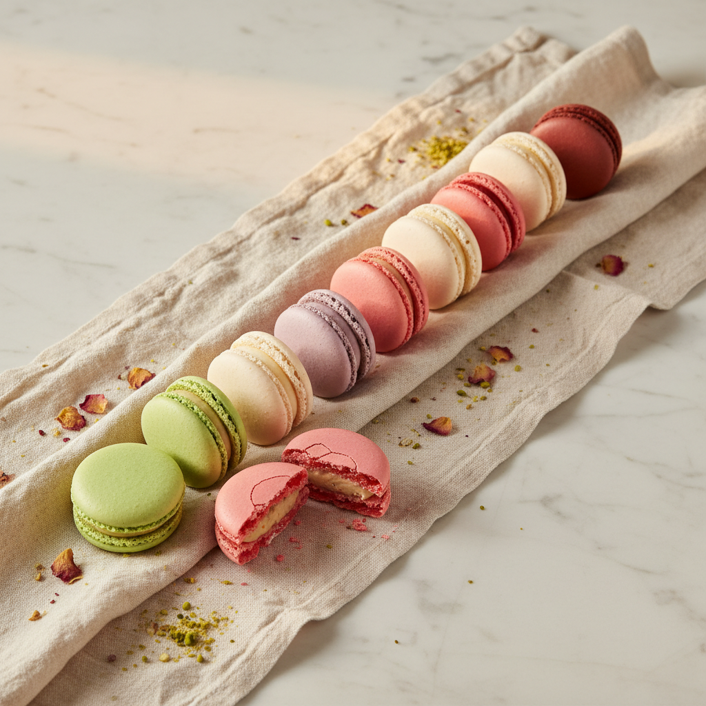 Pastel French macarons stacked on a linen runner