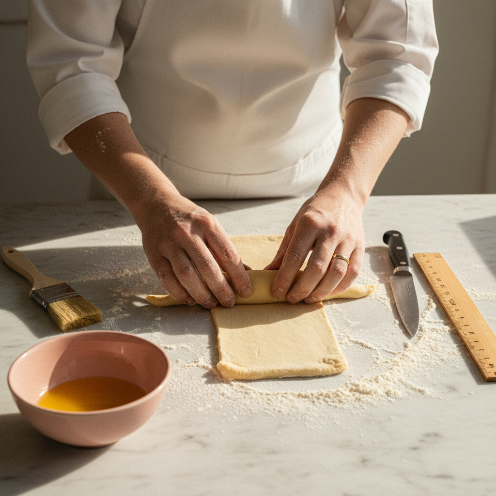 A baker laminating dough at a marble bench