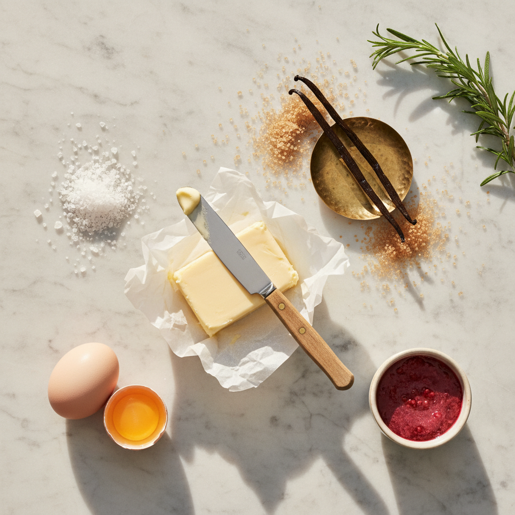 A still life of butter, flour and seasonal fruit on honed marble