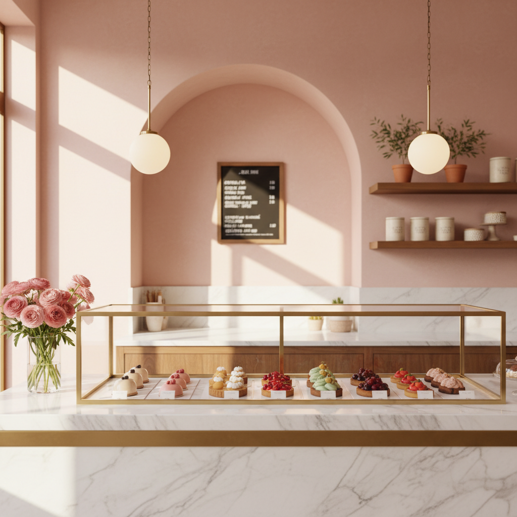 Inside the boutique — pastry case and ceramic ware in soft pink tones